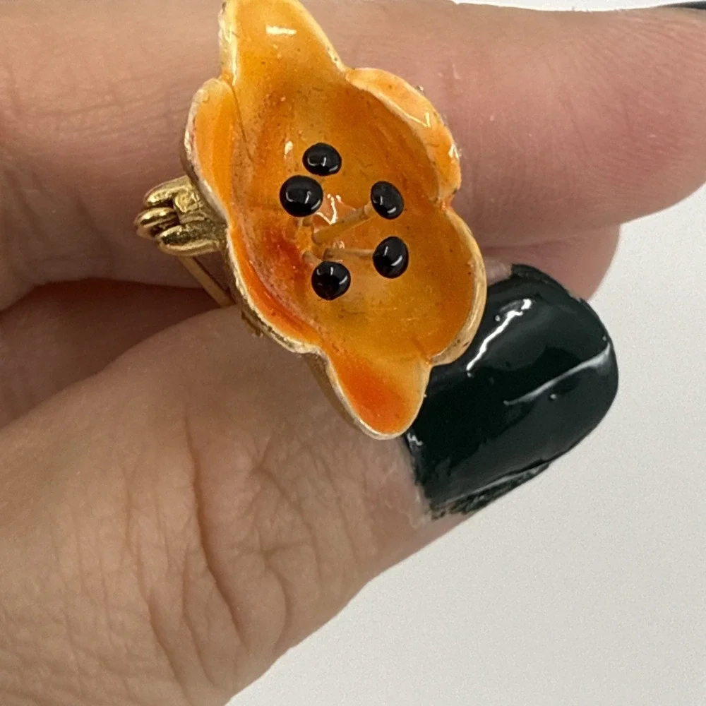 Vintage Kramer Pave Rhinestone Orange Green Enamel Flower Gold Tone Pin Brooch